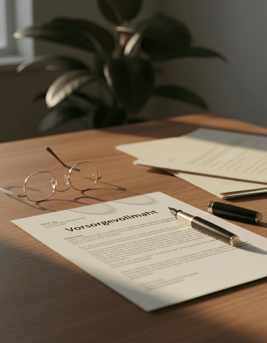 Ein sorgfältig vorbereitetes Vorsorgedokument auf einem Schreibtisch